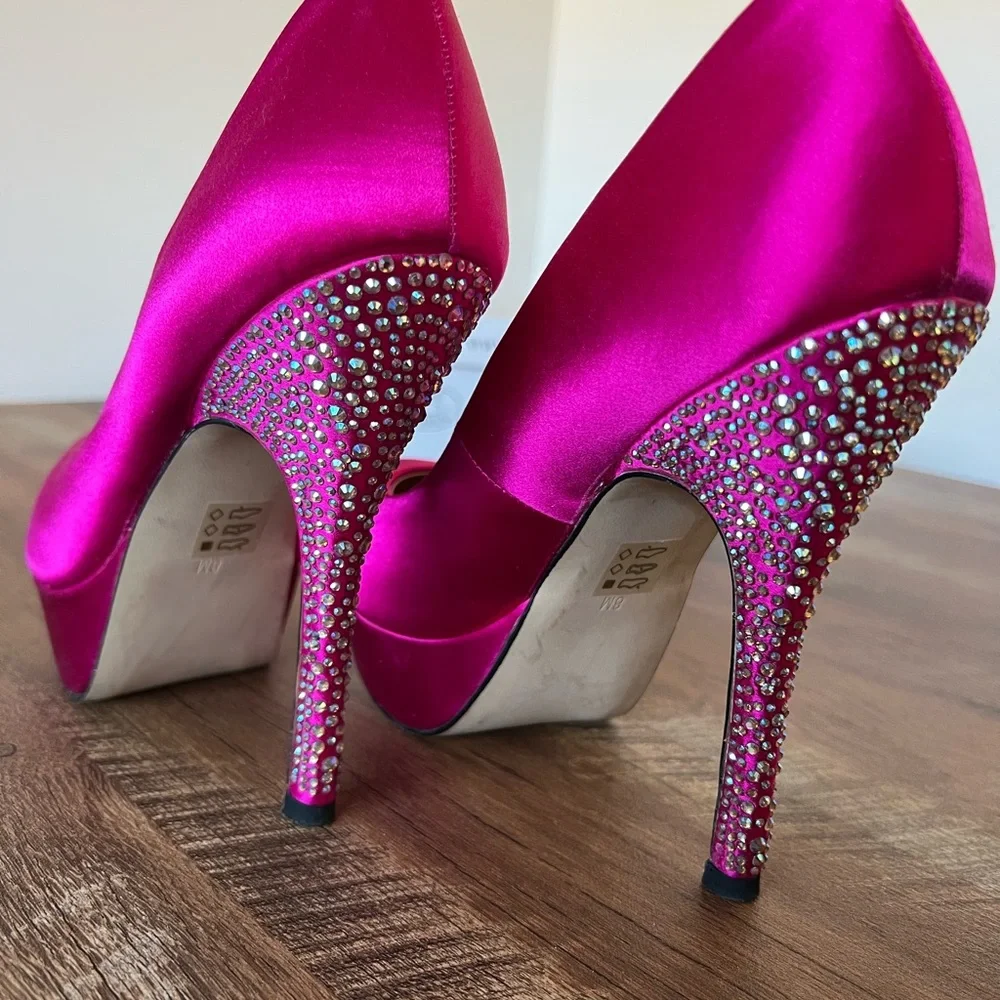 Steve Madden Fuschia Rhinestone Heeled Platform Pumps - Picture 4 of 14